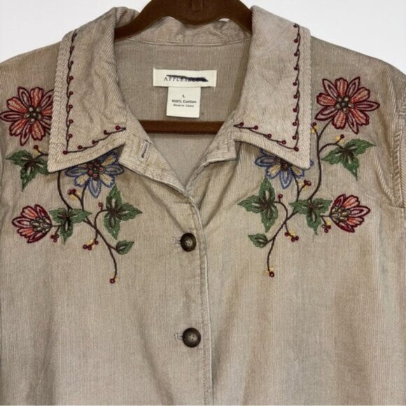 Appleseeds Beige Embroidered Women's Jacket Large Corduroy Button Up Chore Coat - Picture 5 of 8
